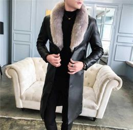 2023Men Trench Coats Luxury Big Fur Collar Long Leather For Mens White Thick Velvet Winter Overcoats Jakets Elegant Black