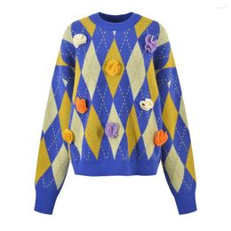 Women's Sweaters Christmas Women Blue Diamond Flower Argyle Pullover Wool Soft Glutinous Knit Loose Long Sleeve Sweater 2023 Fall/winter