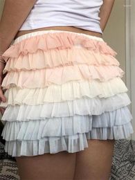 Women's Shorts CHRONSTYLE Women Print Lace Gradient Colour Ruffles Elastic Waist Kawaii Harajuku Mini Short Pants Streetwear 2023