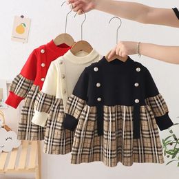 New Fashion Autumn Children's Sweater Dress Girls Plaid skirt Baby pullover Girls Dresses European and American style Knit Dress 2-7