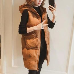 Women's Vests Women Autumn Winter Solid Colour Long Waistcoat Hooded Sleeveless Pockets Zipper Placket Vest Coat Cotton-padded Outwear