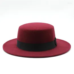 Berets Wine Red Bucket Hat Fedora Woollen Big Brim Men And Women Flat Top Gentleman Korean Version Of Wild Jazz Felt