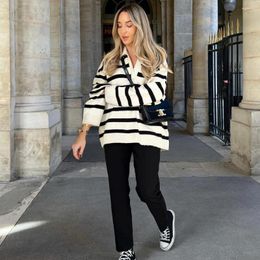 Women's Sweaters 2023 Fashion Commuter Thread Stripe Polo Knitted Sweater Loose Vintage Long Sleeve Pullover Coat Top