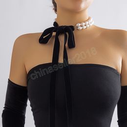 Gothic Long Wide Black Velvet Ribbon Choker Necklace Women Wed Vintage Imitation Pearl Adjustable Bowknot Neck Jewelry