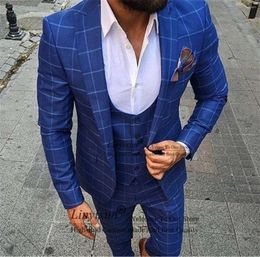 Men's Suits Royal Blue Plaid Cheque Men Slim Fit Groom Wedding Tuxedos 3 Pieces Set Business Male Blazer Costume Homme (Jakcet Vest Pan