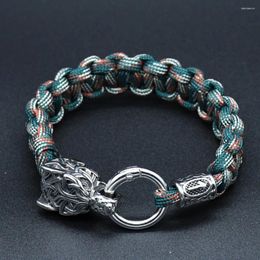 Charm Bracelets Stainless Steel Wolf Heads Men Norse Vikings Runic Beads Survival Paracord Rope Bangles