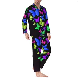Men's Tracksuits Colorful Butterflies Long-Sleeved Pajama Set With Cotton Flannel Men Pants And Long Sleeve