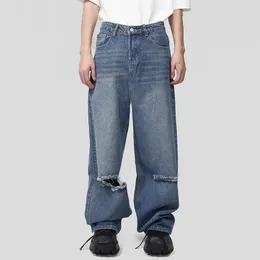 Men's Jeans SYUHGFA Men Trousers Fashion Worn Out Baggy Solid Color Korean Style Loose Broken Hole Wide Leg Denim Pants Autumn