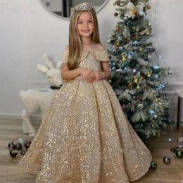 Girl Dresses Champagne Sequin Off The Shoulder A Line Flower Scoop Princess 2023 Fluffy Gowns Baby Christmas Dress Winter