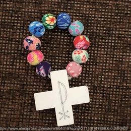 Cluster Rings 12pcs/pack Multicoloured Soft Clay Finger Ring Catholic Polymer Bead Rosary With White Wood Cross