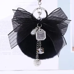 Keychains Luxury Fur Pompom Fluffy Metal Bow Keychain Keyring Diy Bag Charms Handbag Pendant Jewellery Accessories Women Gift Bulk