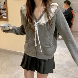 Women's Knits Spring Fall 2023 Gray Retro Knitted Simple Design Outerwear Autumn Cardigan Women All-match V-Neck Lace Patchwork Sweater