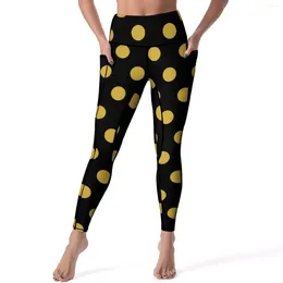 Active Pants Gold Dot Print Leggings Pockets Polka Dots Custom Yoga Push Up Running Legging Retro Stretchy Sports Tights