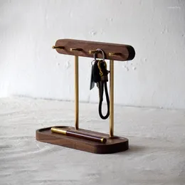 Hooks Stylish Brass Colour Key Storage Rack Solid Wood Walnut Base Desktop Debris Organise