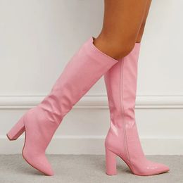 Boots Comemore Spring Autumn Shoes Motorcycle Women Pointed Toe Zip Knee High Boots Fashion Pink Square Heels Party Long Boot 42 231027