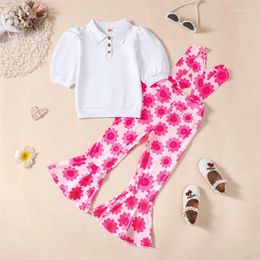 Clothing Sets Kids Clothes Girl Solid Buttons Short Puff Sleeve T-Shirts Tops Floral Print Flare Pants Set 2Pcs Outfits Children's