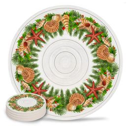 Table Mats Christmas Pine Needles Wood Grain Shell Ceramic Coasters Set Round Non-Slip Placemats Coffee Cup Mat Home Decor