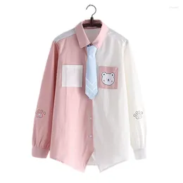 Women's Blouses Japanese Preppy Style Kawaii Blouse Teen Girls Tops Cute Bear Print Long Sleeve School Uniform Button Down Tie Front Pink