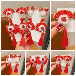 Hair Accessories Plush Children Red Bow Hairpin All-match Fan Tassel Chinese Year Headwear Cloth Baby Ancient Style Girls