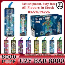Original UZY BAR 8000 Puffs 800 Disposable E-cigarettes Rechargeable Vape Pen Device 8k Puff 8000 1100mah 14ml Cartridges pod Mesh Coil Vaporizers with RGB 0% 2% 3% 5%