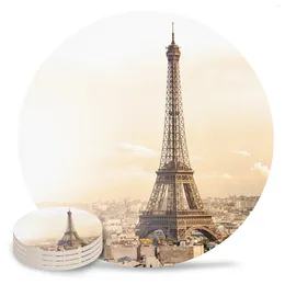 Table Mats Eiffel Tower Building City Ceramic Coasters Set Round Non-Slip Placemats Coffee Drink Cup Mat Home Decor