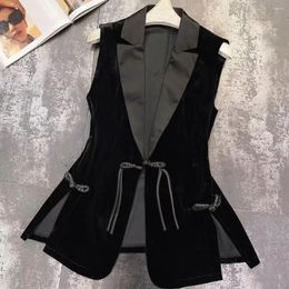 Women's Vests 2023 Spring Autumn Black Suit Collar Chinese Button Slim Velvet Waistcoat