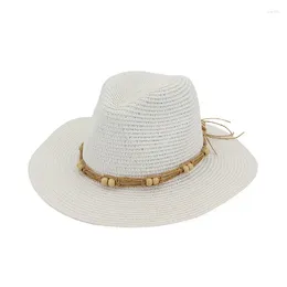 Berets Plain Straw Jazz Panama Hat Flat Brim Summer Fedoras Hats With Rope Chain Female Beach Party Formal Cap For Men Women