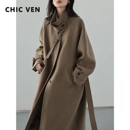 Womens Wool Blends CHIC VEN Womens Long Trencn Coat Standing Belt Lace Up Woolen Coat Raglan Sleeves Long Overcoat Office Lady Autumn Winter 231027