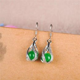 Dangle Earrings Natural Green Jade Round Bead Drop 925 Silver Carved Charm Jewellery Accessories Fashion Amulet For Women Lucky Gifts