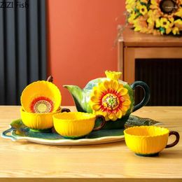 Teaware Sets Sunflower Cup Set Ceramic Kungfu Tea Creative Home One Pot Four Tray Mug Chinese Ceremony Accessories Gift