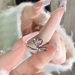 Cluster Rings Fashion Silver Color Pink Zircon Hollow Heart Open Ring Korean Sweet Adjustable For Girls Gift Jewelry B368