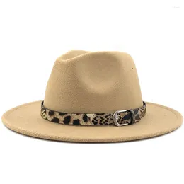 Berets 2023 Fashion Leopard Belt Fedora Hat Men Women Woolen Felt Jazz Panama Cowboy Vintage Wide Brim Party Solid