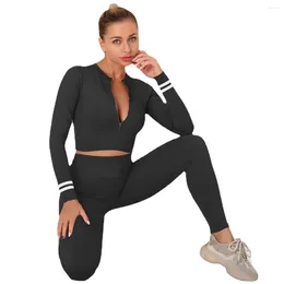 Women's Two Piece Pants 2 Tracksuit Workout Suits High Waist Leggings Crop Top Zipped Jacket Seamless Textured Sportswear Sets