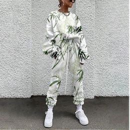 Women's Hoodies Women Tracksuit Bamboo Print 2 Piece Outfit Sweatshirt Straight Sweatpants Matching Set Fitness Sporty Streetwear
