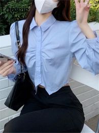 Women's Blouses Tawnie Sweet Women Casual Shirts Solid Blue White Blouse Button Polo Collar 2023 Slim Top Autumn Streetwear