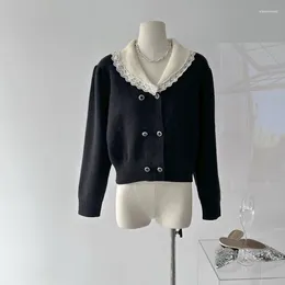 Women's Knits Cute Lace Patchwork Collar Sweater Commuter Double-breasted Long-sleeved Aesthetic High Quality Cardigan