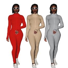 Streetwear Zipper Knitted Sexy Bodycon Lucky Label Jumpsuit Women Overall Long Sleeve Skinny Rompers Womens Jumpsuit Female211j