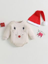 Rompers Cute Santa Claus Print Jumpsuit With Matching Hat Festive 2-piece Christmas Outfit For Infant Boys And Girls