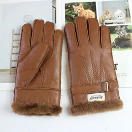 Five Fingers Gloves Sheepskin Fur Gloves Men's Leather Thicken Winter Warm Outdoor Windproof and Cold-proof Finger Gloves 231027