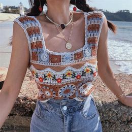 Women's Vests Summer Design Small Knitted Camisole Female Hollow Out Japanese Antique Fried Street Hook Flower Overlay Short Top