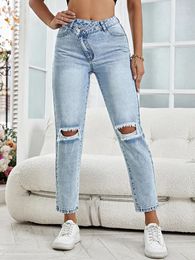 Women's Jeans Benuynffy Asymmetrical Waist Ripped For Women Fashion 2023 Casual Boyfriend Streetwear Straight Leg Denim Pants