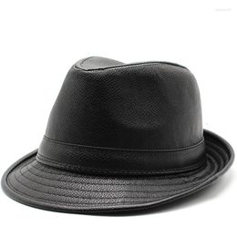 Berets Brand Simple Jazz Caps Men PU Leather Fedoras Hat For Male Autumn Winter Retro Bowler Hats Vintage Black Panama Cap