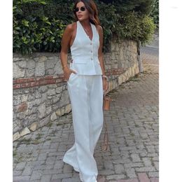 Women's Two Piece Pants Fashion Women Vintage Backless Sleeveless Waistcoat Female Casual Halter Chic Tops Pocket Decoration Neck Button-up