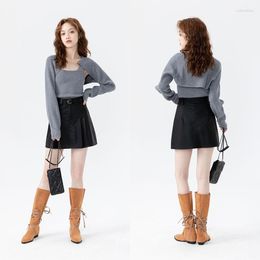 Women's Knits Women's 2023 Summer Autumn Women Knitted Shirt Chain 2 Pieces Camisole Black Grey Apricot Coffee Short Slim Fit Sweater