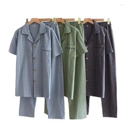 Men's Sleepwear Pajamas Short Sleeved Top And Pants 2023 Spring Summer Washed Cotton Simple Plaid Home Service Suit Pantalon Pijama Hombre