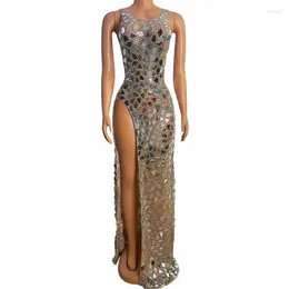 Stage Wear Women Sexy Sparkly Mirror Rhinestone Transparent Split Long Dress Evening Wedding Celebrate Costume Birthday Pography