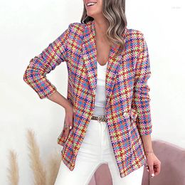 Women's Suits Blazers For Women 2023 Elegant Office Plaid Printing Double Breasted Lapel Slim Coats Fashion Casual Retro Ladies