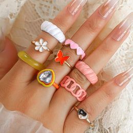 Cluster Rings Fashion Flower Butterfly Heart Yin Yang Diagram Oil Dripping Ring Set Women Vintage Crown Feather Bohemian Party Jewellery