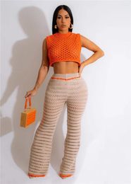 Women's Two Piece Pants Knitted Crochet Women Set Sleeveless Hollow Out Tanks Top High Waist Fashion Beachwear Matching Suits