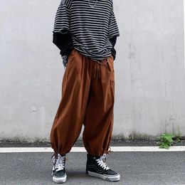 Men's Pants 2023 Spring Fashion Trendy Loose Fit Tie Feet Nine Split Wide Leg Chinese Style Solid Color Thin Casual